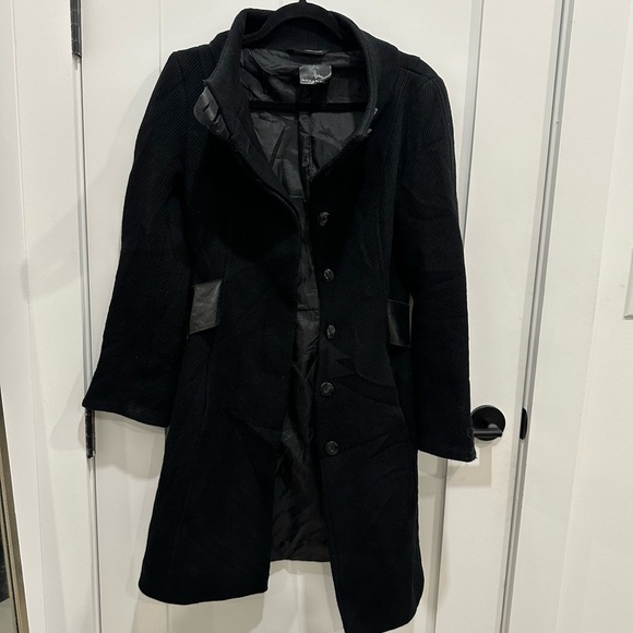 MACKAGE VINTAGE COAT WOOL LEATHER TRIM BELTED JACKET BLACK SIZE PS - Picture 1 of 14